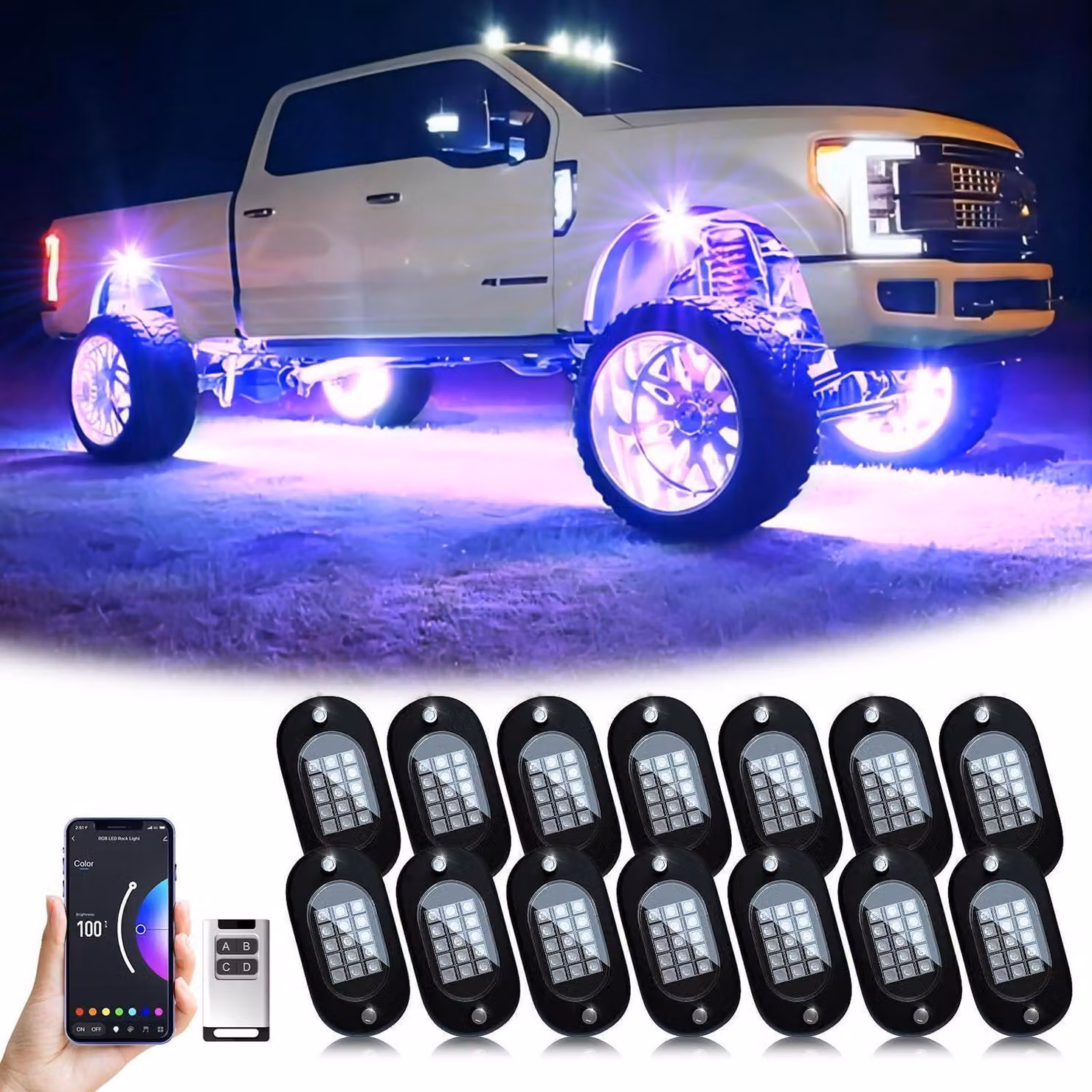 Luci LED RGB per fuoristrada, con 14 moduli e 210 LED, controllabili tramite app o telecomando, con modalità musicale e impermeabili, ideali per veicoli off-road