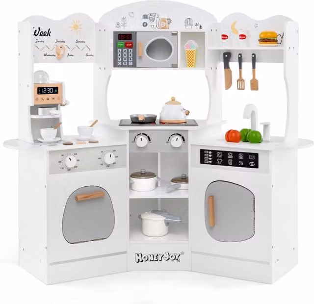 Cucina giocattolo angolare in legno con macchina del caffè, set con luci e suoni per bambini, colore bianco