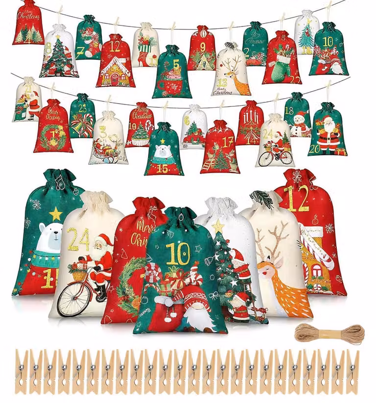 Calendario dell'Avvento da riempire, 24 sacchetti con numeri, in poliestere, disponibile in 2 dimensioni, include corda e fermagli
