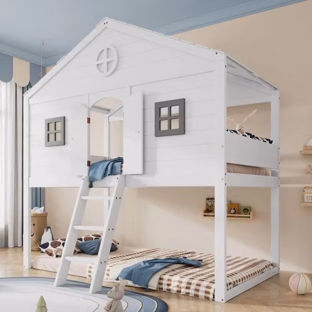Letto a soppalco singolo REDOM con scala in legno massello e MDF, bianco e grigio, L/P/H: 90 x 200 cm