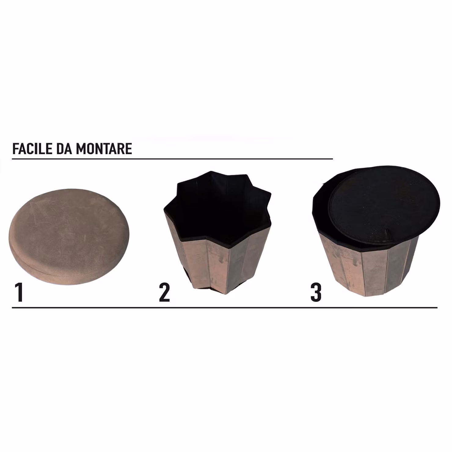 Pouf Contenitore VESTIAMO CASA in Velluto Beige, Design Moderno e Cilindrico, H 38 cm x Diametro 40 cm – 3