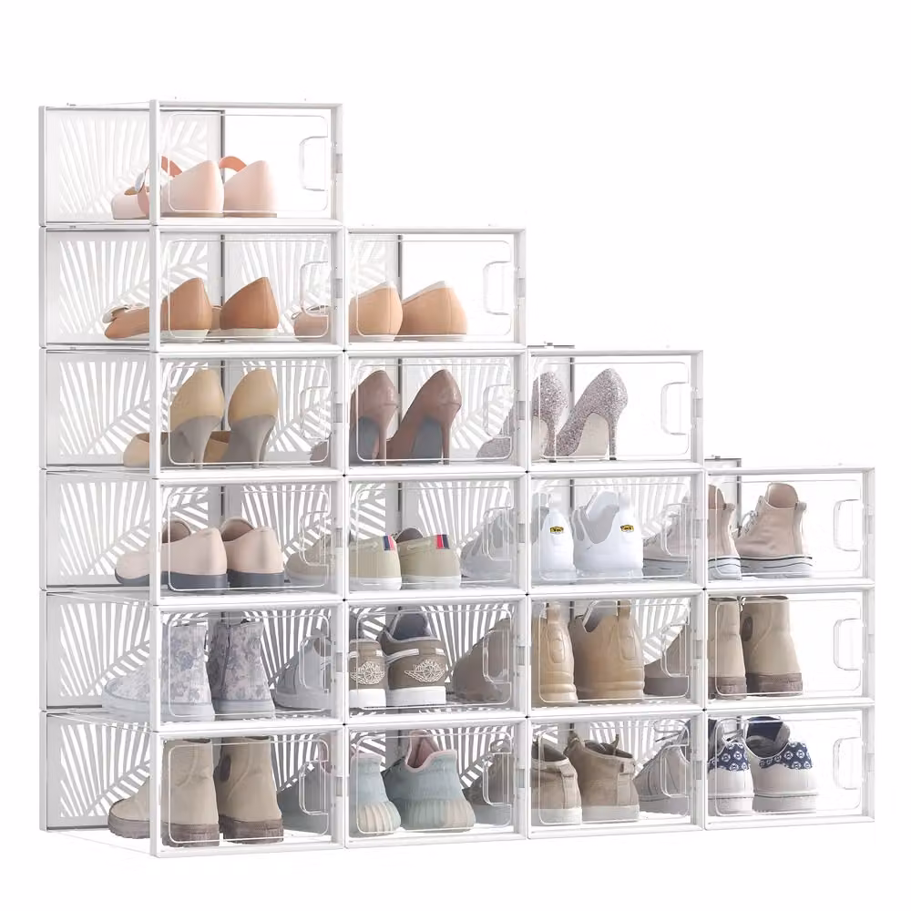 Set di 18 Scatole per Scarpe Trasparenti Taglia M | SONGMICS, Trasparente + Bianco / Set di 18