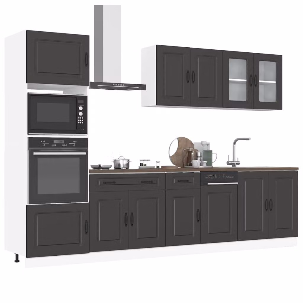 Set di mobili da cucina vidaXL Kalmar composto da 7 pezzi in legno e vetro, colore nero opaco, design moderno con ante in vetro