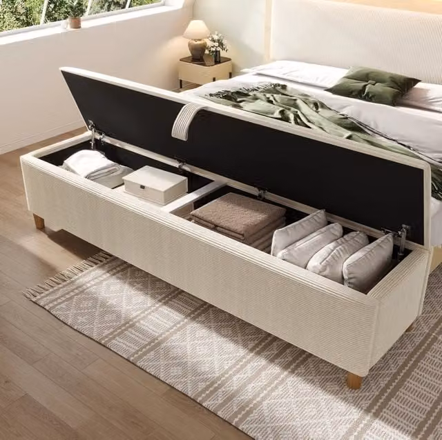 Panca contenitore imbottita 145x38x46 cm in tessuto a coste beige con struttura in legno massello