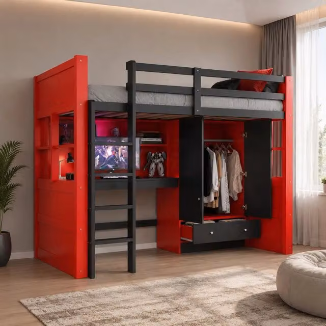 Letto a soppalco 90x200 cm con LED; prese e armadio in legno nero e rosso