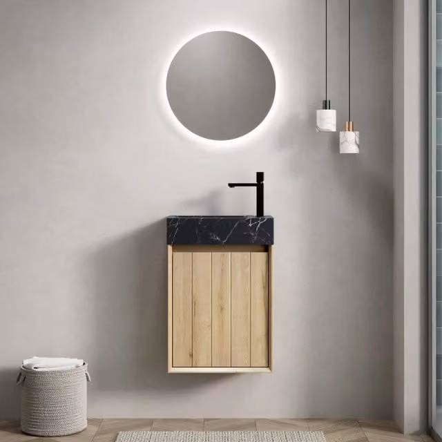 Mobile sottolavabo sospeso con lavabo integrato in marmo naturale e anta ammortizzata per bagno nero rovere bianco 40 cm