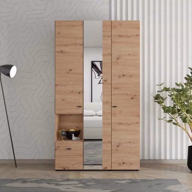 Armadio da camera da letto DMORA Patzcu con ante a battente, specchio e cassetti integrati, Marrone Rovere e Nero, L: 117 cm, P: 52 cm, H: 208 cm – 1