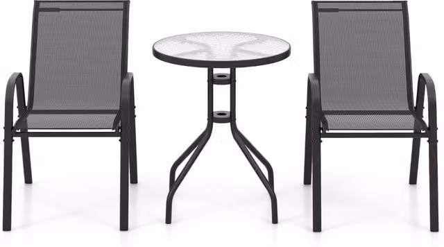 Set bistrot da esterno 3 pezzi composto da tavolino rotondo con piano in vetro temperato e 2 sedie impilabili in acciaio nero opaco