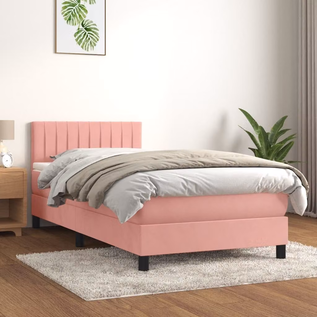 The Living Store Letto a molle con materasso rosa 90x200 cm in velluto