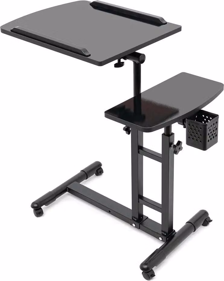 Scrivania mobile in piedi - Tavolino per laptop - Regolabile in altezza - Piano inclinabile - Con rotelle - Tavolino da letto/tavolino ausiliario - Struttura in metallo - Nero
