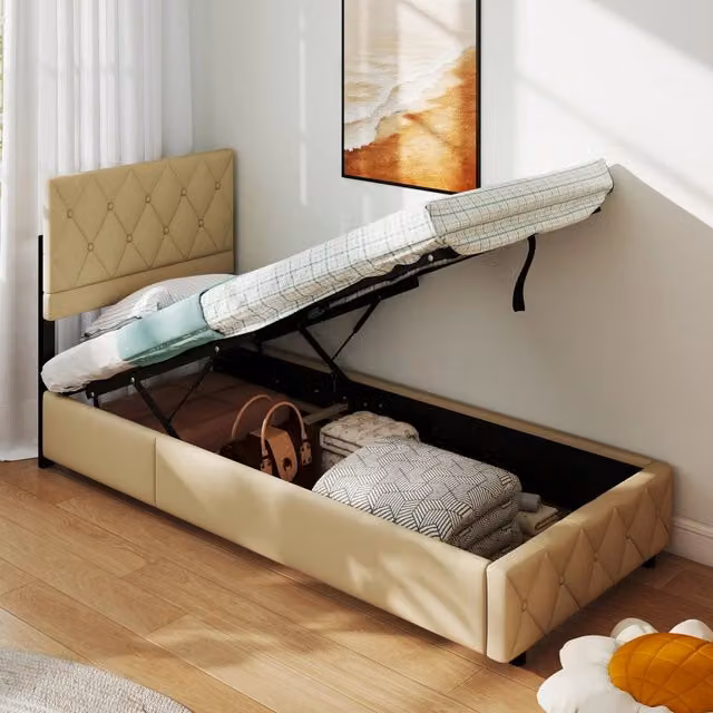 Desviae Letto imbottito singolo 90 × 190 cm con rete a doghe in velluto beige, struttura stabile e montaggio facile