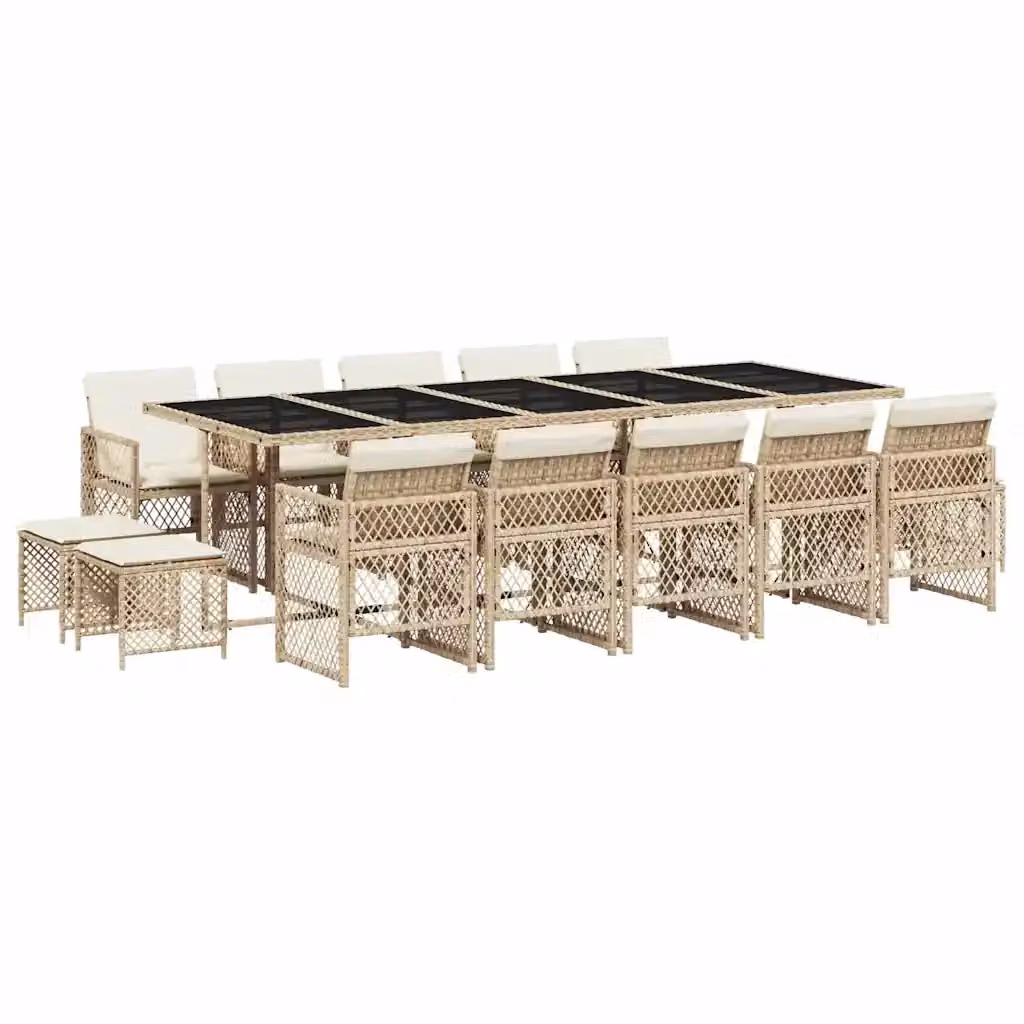 Set da Pranzo da Giardino vidaXL in Polyrattan con Cuscini Beige e Bianco, 15 Pezzi con Tavolo Rettangolare in Vetro – 2