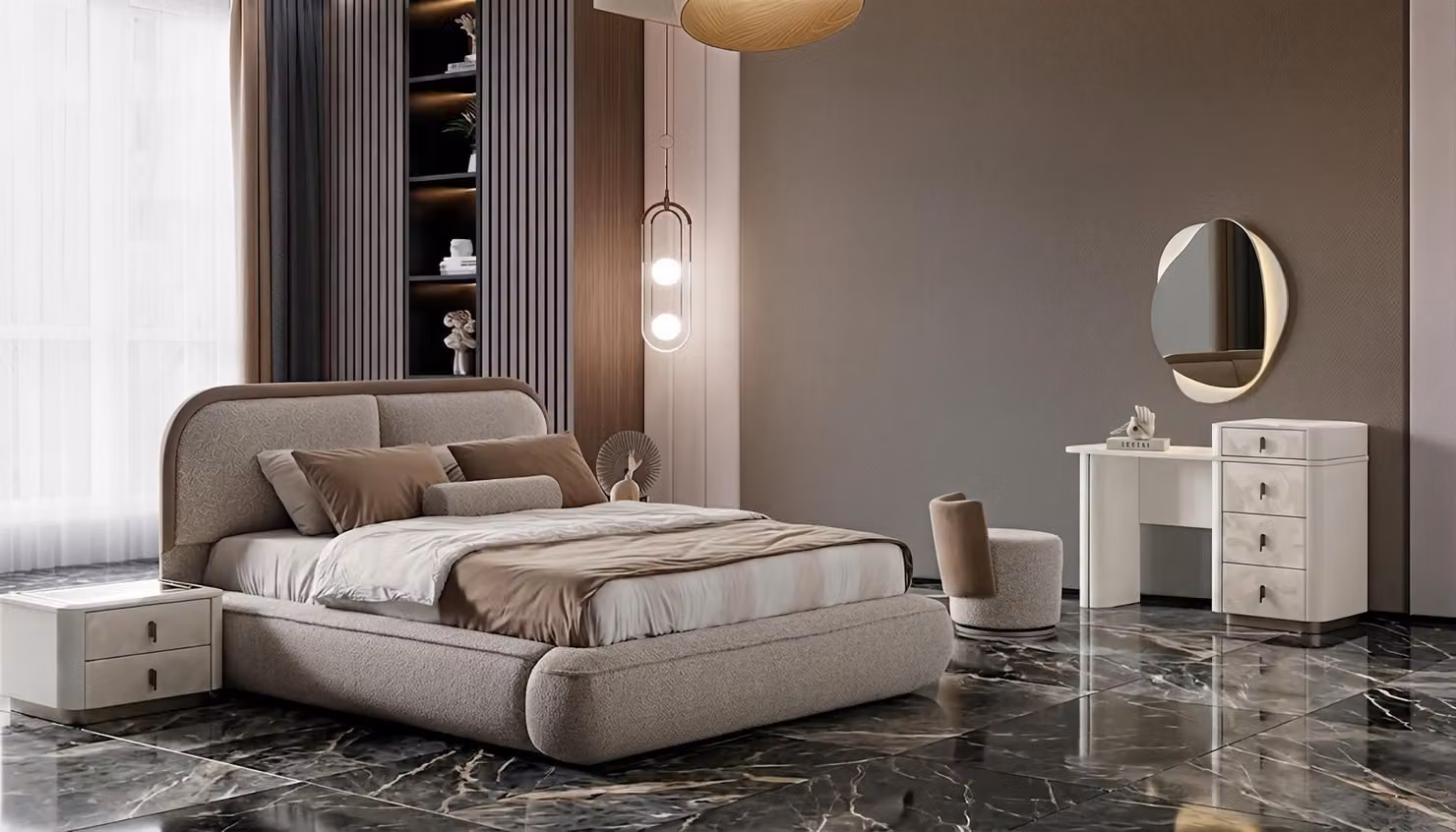 Set per camera da letto: letto, comodini, tavolino da trucco, poggiapiedi, design moderno, colore beige