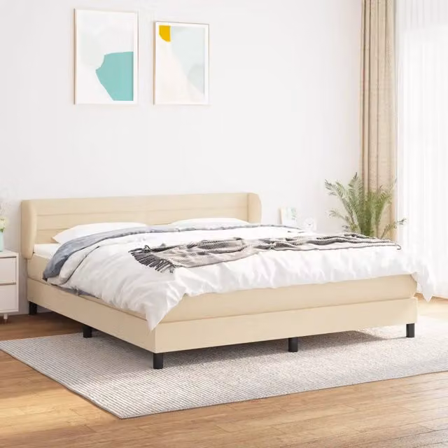 Letto Ibrido vidaXL con Giroletto a Molle e Materasso in Tessuto Beige e Bianco L/P: 160 x 200 cm