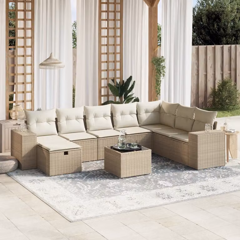 vidaXL Set Divano da Giardino a L 9 pz con Cuscini Beige e Tavolino in Polyrattan e Acciaio