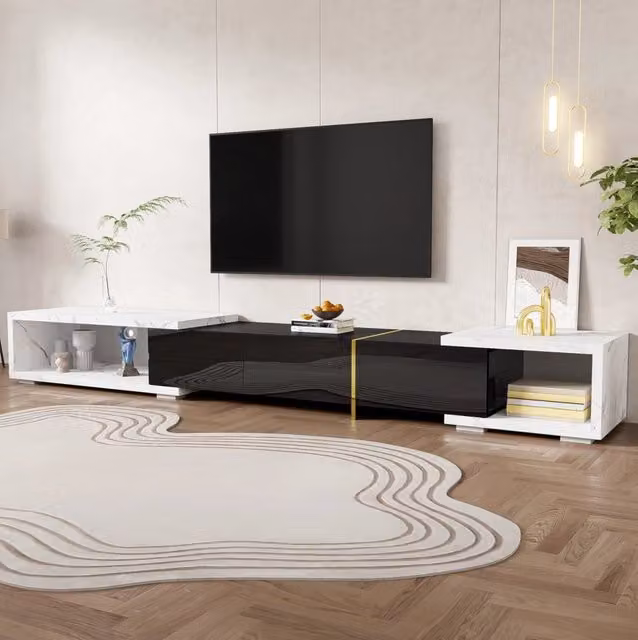 Mobile TV allungabile 140-260 cm in MDF e truciolare; finitura nero lucido e marmo bianco