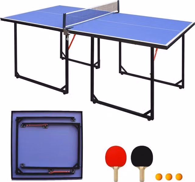 Tavolo da ping pong pieghevole 182 cm con rete, 2 racchette e 3 palline