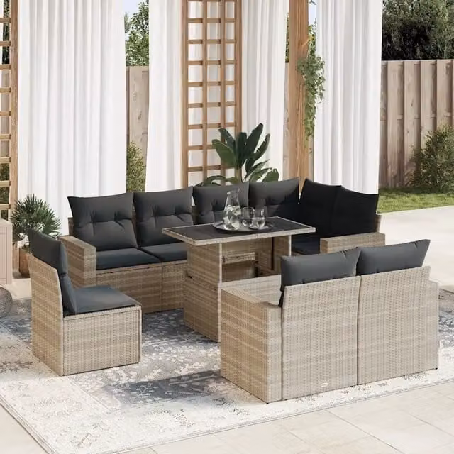 Set Divano da Giardino 9pz vidaXL in Polyrattan Grigio con Cuscini per Adulti