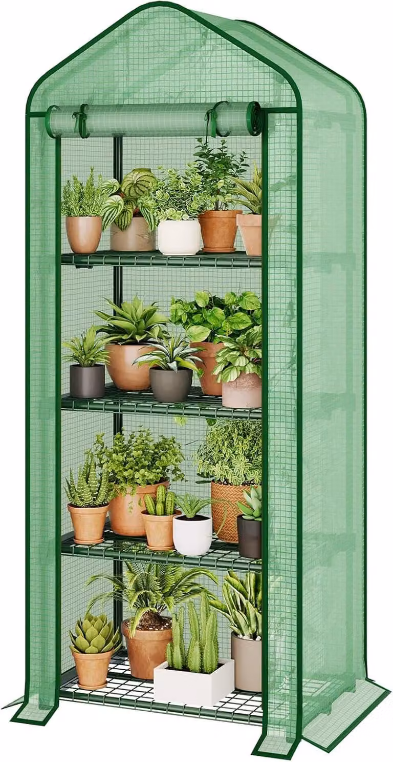 Mini serra a 4 ripiani, realizzata con materiali resistenti, adatta sia per l'uso in giardino che in interni