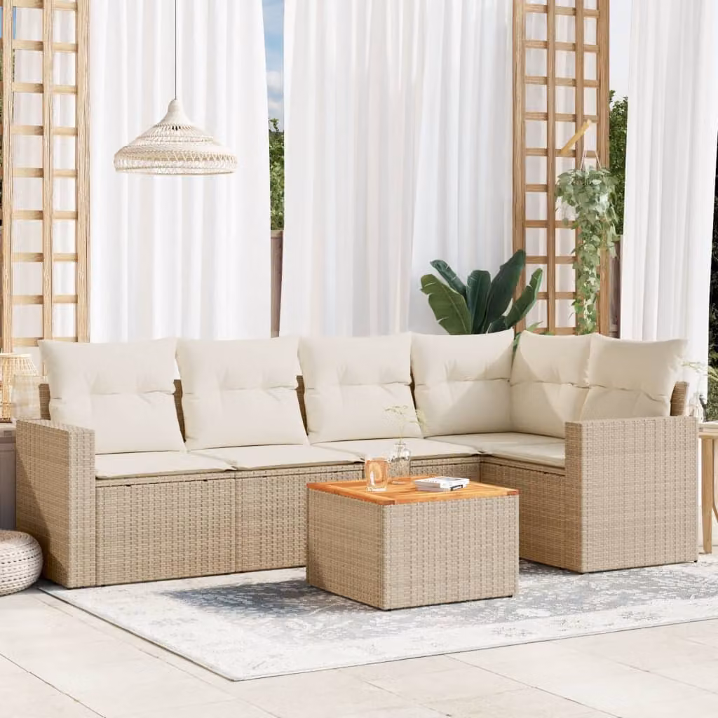 Set Divano da Giardino 6 pz vidaXL a Forma di L con Cuscini Beige e Tavolino da Caffè in Polyrattan e Acciaio