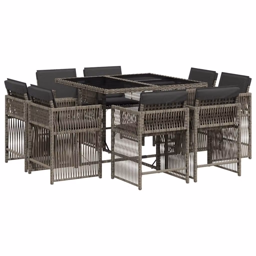 Set da Pranzo da Giardino 9 pz con Cuscini in Polyrattan Grigio