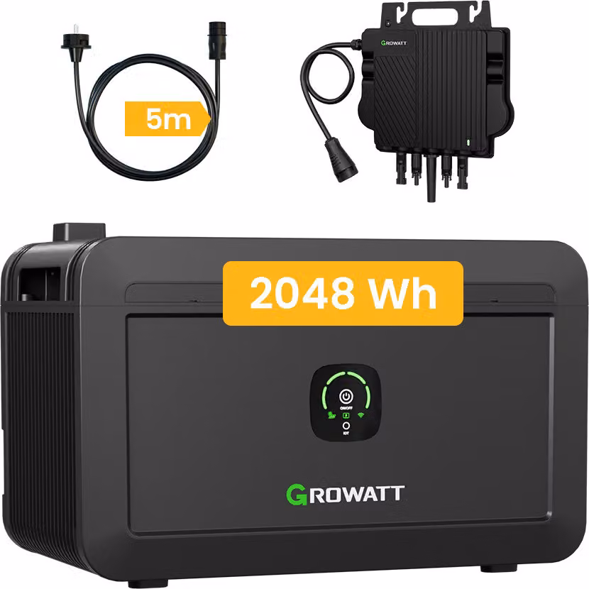 Accumulo della centrale elettrica da balcone 2048Wh Growatt NOAH 2000 con micro inverter Growatt NEO-800M-X 800W, potenza in ingresso FV 1800W per centrale elettrica da balcone