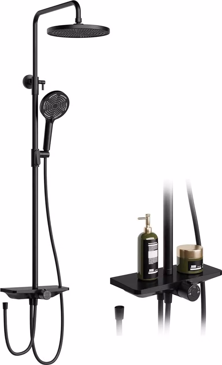 Set sistema doccia - Doccia a pioggia a parete - Acciaio inox - Con ripiano - Miscelatore caldo/freddo - Doccetta - Nero