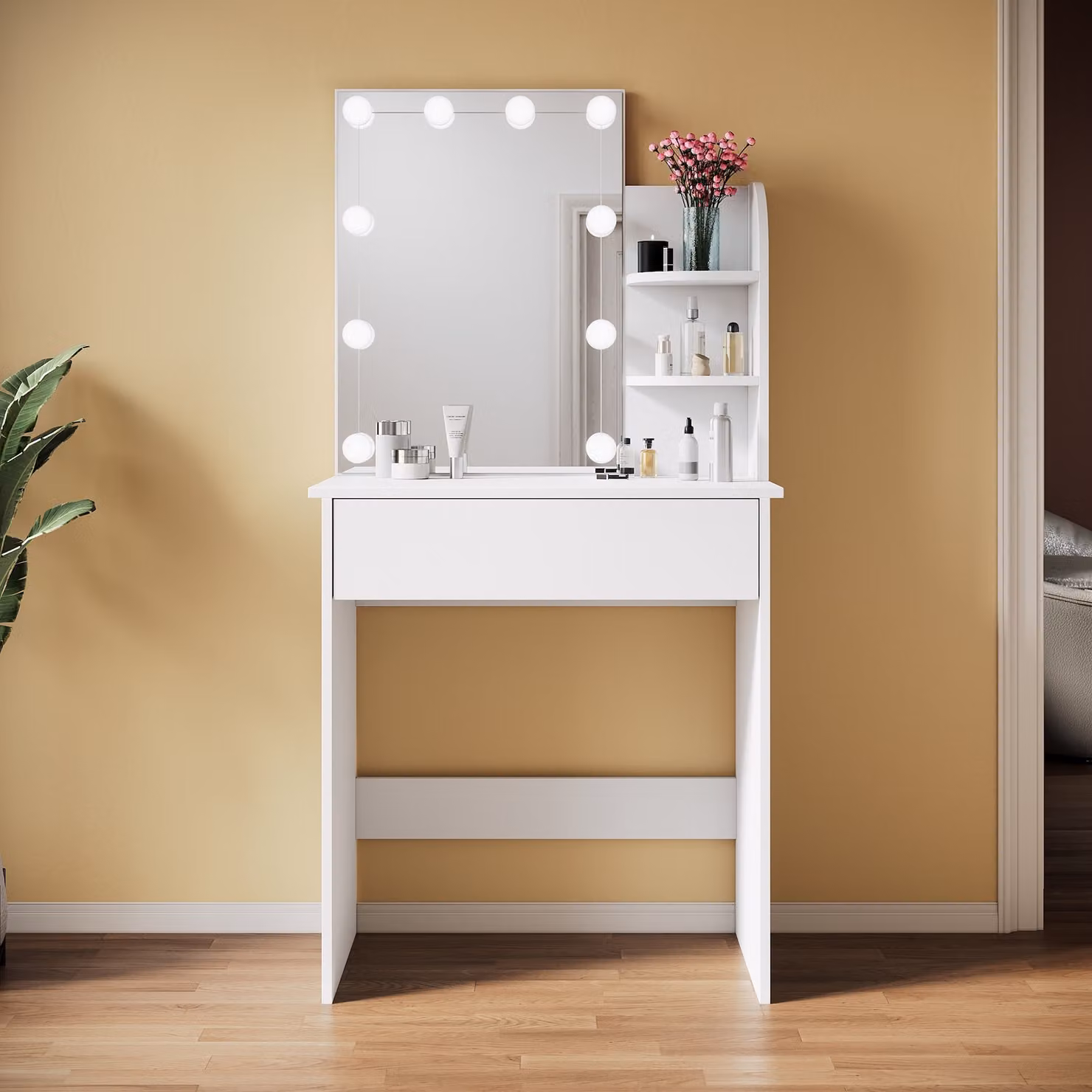 SONNI cassettiera bianca 70x40x140cm Cassettiera a luce LED con luminosità regolabile con specchio e cassetto