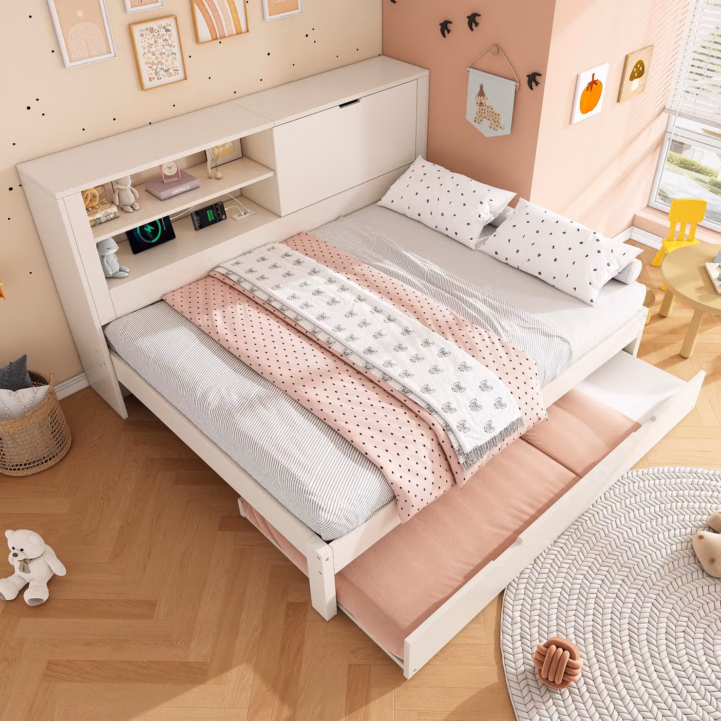 okwish Divano letto Letto per bambini 140×190 con letto estraibile, letto singolo con stazione di ricarica USB e USB‑C, rete con vano portaoggetti nascosto, letto in legno con rete a doghe, bianco (senza materasso)