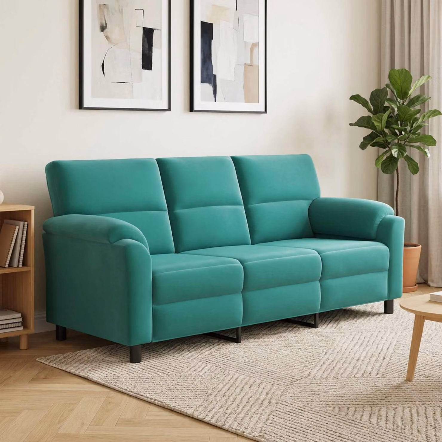 Divano moderno vidaXL in velluto turchese con struttura in metallo, L: 214 cm, P: 85 cm, H: 93 cm