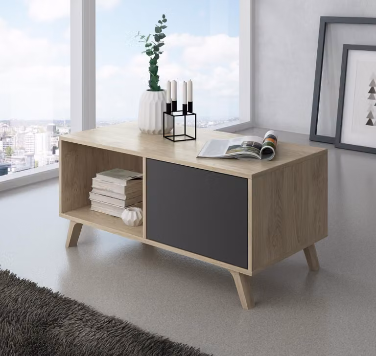 WIND Tavolino con porte, sala da pranzo, colore Rovere a Grigio Antracite, 92x50x45cm.