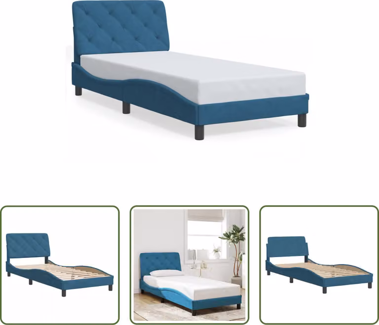 The Living Store Struttura letto con testiera blu 90x200 cm in velluto
