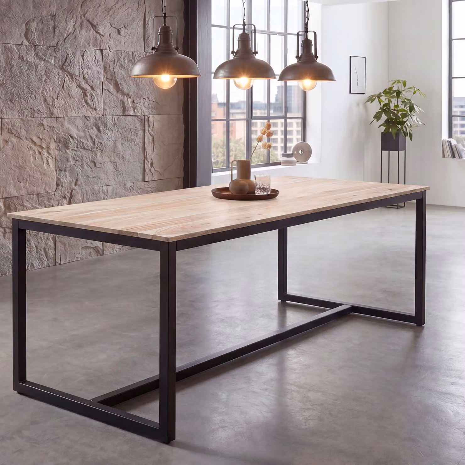 FineBuy Tavolo da pranzo 180 cm in legno massello di acacia e metallo, stile loft, tavolo da cucina con gambe in metallo, tavolo in legno in stile industriale, tavolo da pranzo