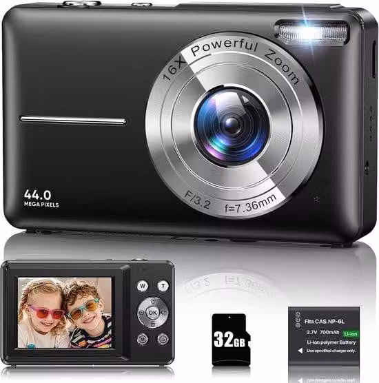 Fotocamera digitale da 44 megapixel con zoom 16x, schermo LCD da 2,4 pollici, 32 GB di memoria, 1 batteria, ideale per adolescenti, studenti e bambini