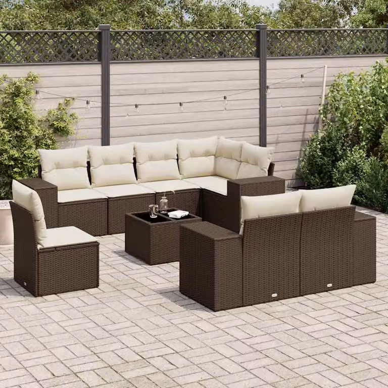 Set Divani da Giardino a L vidaXL 9 Pezzi con Tavolino e Cuscini Marrone e Bianco