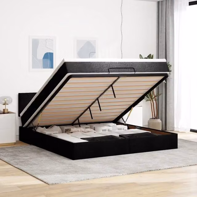 Letto con contenitore a sollevamento vidaXL in tessuto nero e bianco L: 160 cm, P: 200 cm, H: 203 cm