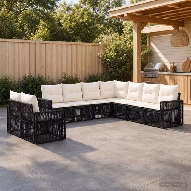 Set Divano da Giardino 9 pz Nero e Bianco Crema polyrattan 3435163