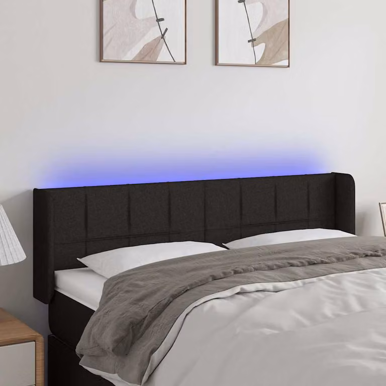Testiera per letto vidaXL in tessuto nero con illuminazione LED e porta di ricarica USB, L: 147 cm, P: 16 cm, H: 78-88 cm