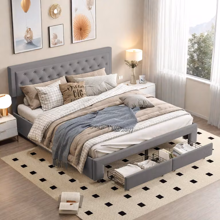 UnboxG Letto imbottito 160x200 cm in velluto grigio con contenitore, letto idraulico con 2 cassetti ai piedi del letto, letto matrimoniale con rete a doghe