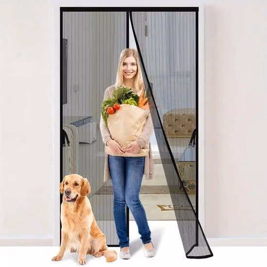 Rete magnetica automatica da giardino 120x210 cm, maglia extra fitta, protezione magnetica contro mosche e insetti, con nastro adesivo e striscia magnetica, chiusura automatica, nera.