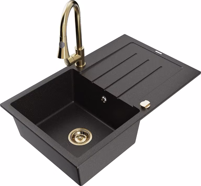 Mexen Bruno lavello da cucina in granito 1-vasca con scolapiatti e rubinetto Elia, nero/oro metallizzato - 6513-75-670101-50