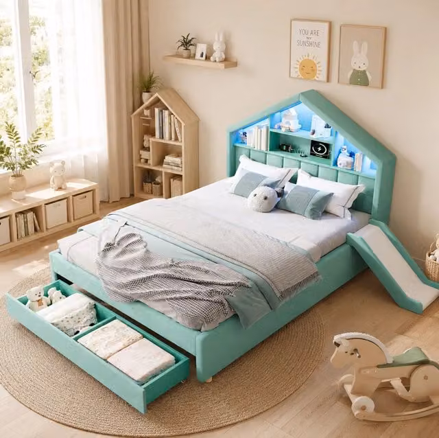 Letto per bambini 140x200 cm imbottito con scivolo, LED e contenitore blu-verde HAVRYA
