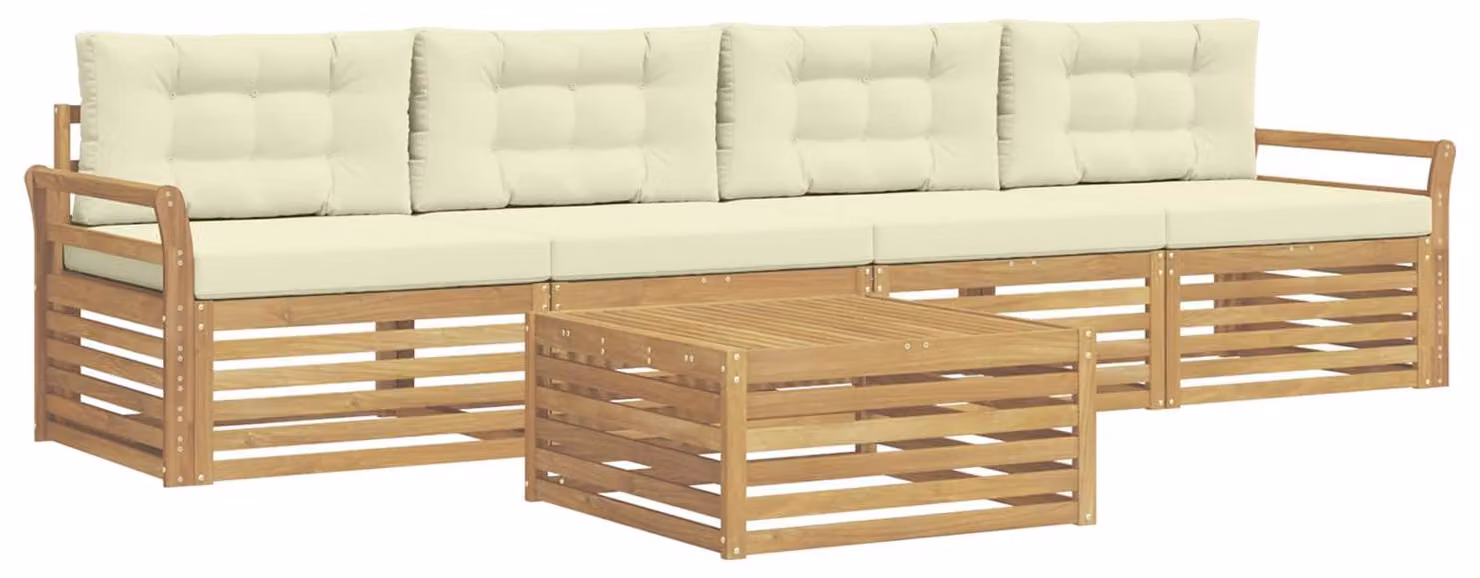 Set di divani da esterno, 5 pezzi, bianco e crema