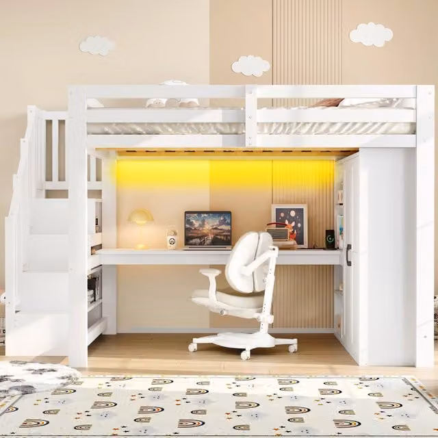 Letto a soppalco 140x200 con scrivania; armadio integrato; scala contenitore e luci LED bianco