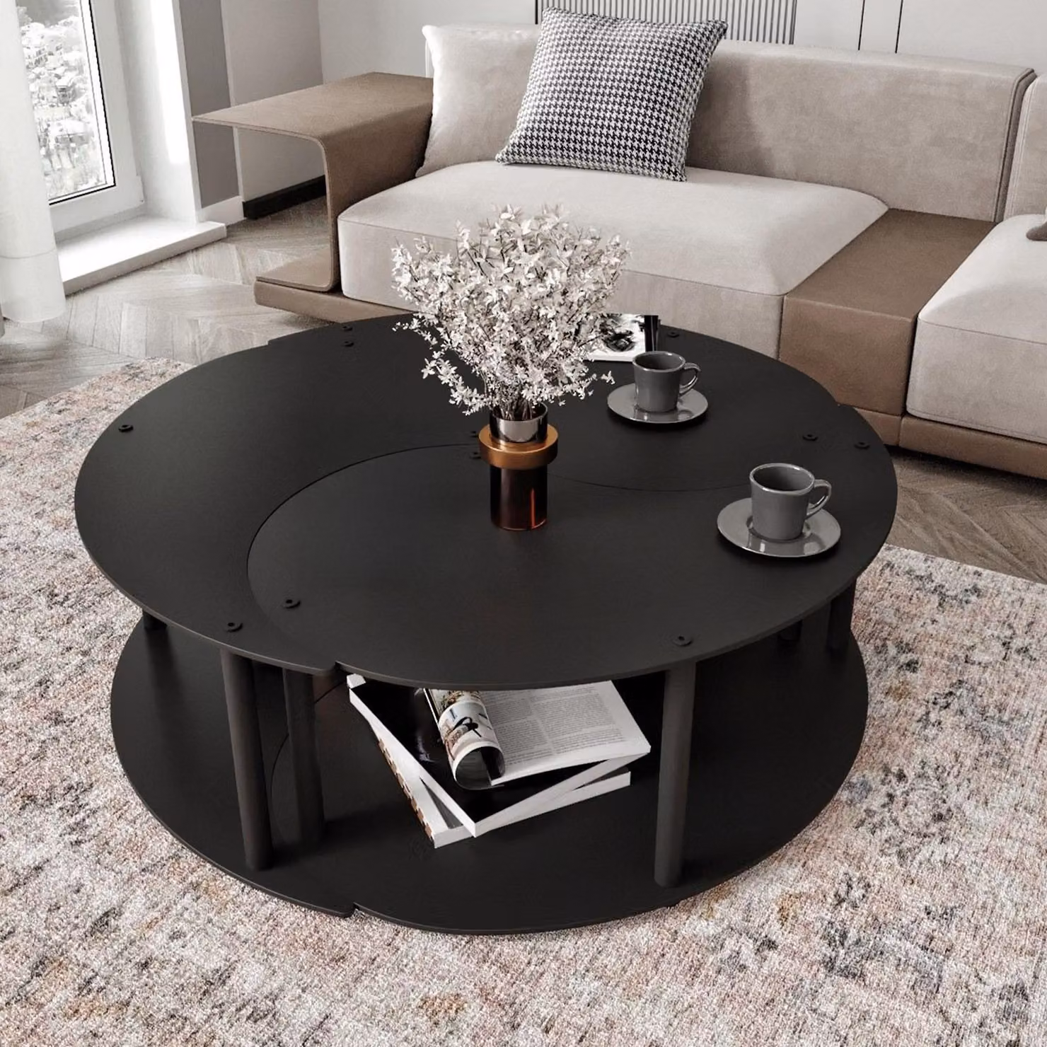 Gignese - Tavolino da Salotto, 70x70x38h cm Nero, set 3 Pezzi
