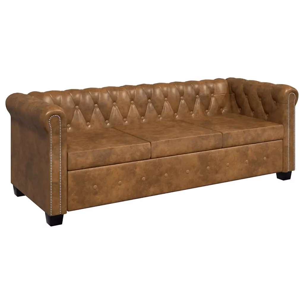 Divano Chesterfield a 3 Posti VIDAXL in Finta Pelle Marrone con Struttura in Legno Massello L: 200,5 cm, P: 76,0 cm, H: 70,0 cm – 2