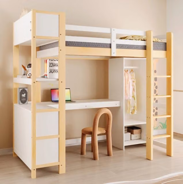 Letto a soppalco ULEVR 90x200 cm con scrivania, armadio e ripiani aperti, legno di pino naturale
