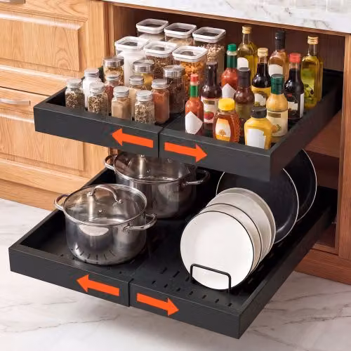 Set di 2 Organizer Portaoggetti Estratibili VEVOR Sottolavello, Cestelli Scorrevoli per Armadietto Cucina e Bagno, Nero, L: 52,0 cm, P: 30,2 cm, H: 6,5 cm