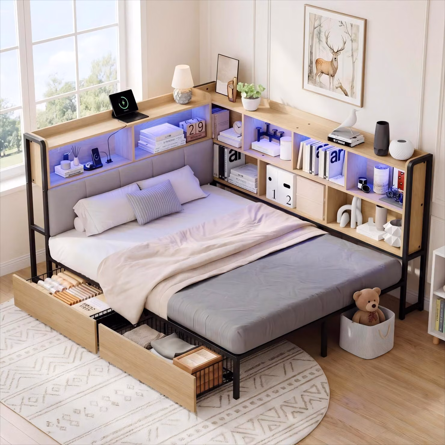 Divano letto MODFU 140x200 con materasso, porta-caricabatterie USB e Type-C; letto per ragazzi, letto multifunzionale con illuminazione a LED e 2 cassetti; letto singolo con cassetti, finitura naturale