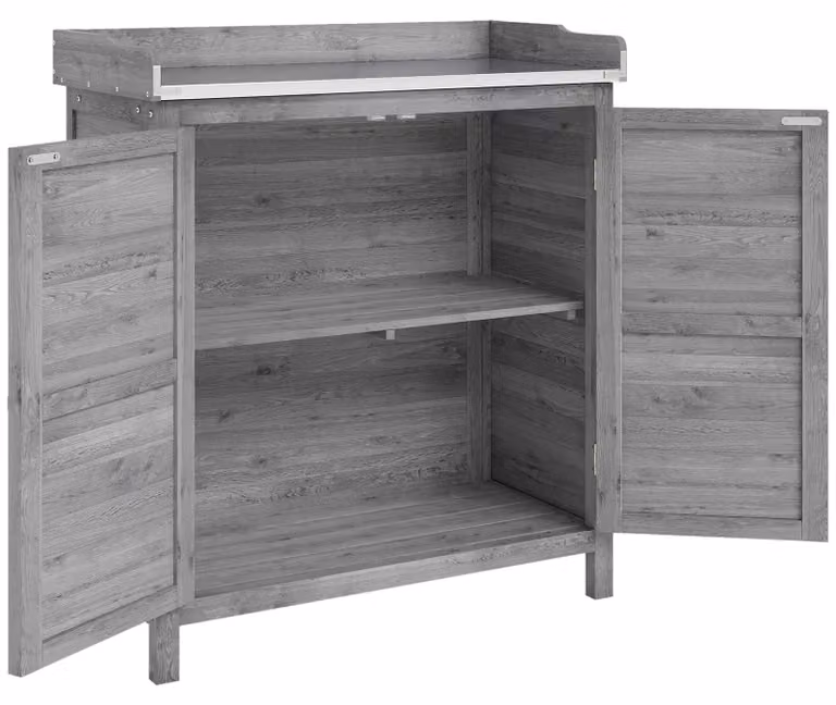 Armadietto da giardino con piano di lavoro zincato e tavolo per piante | Colore: Grigio | Dimensioni: 83x40x92 cm